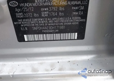 2013 Hyundai Elantra Gls from USA, damaged, VIN 5NPDH4AE9DH171981